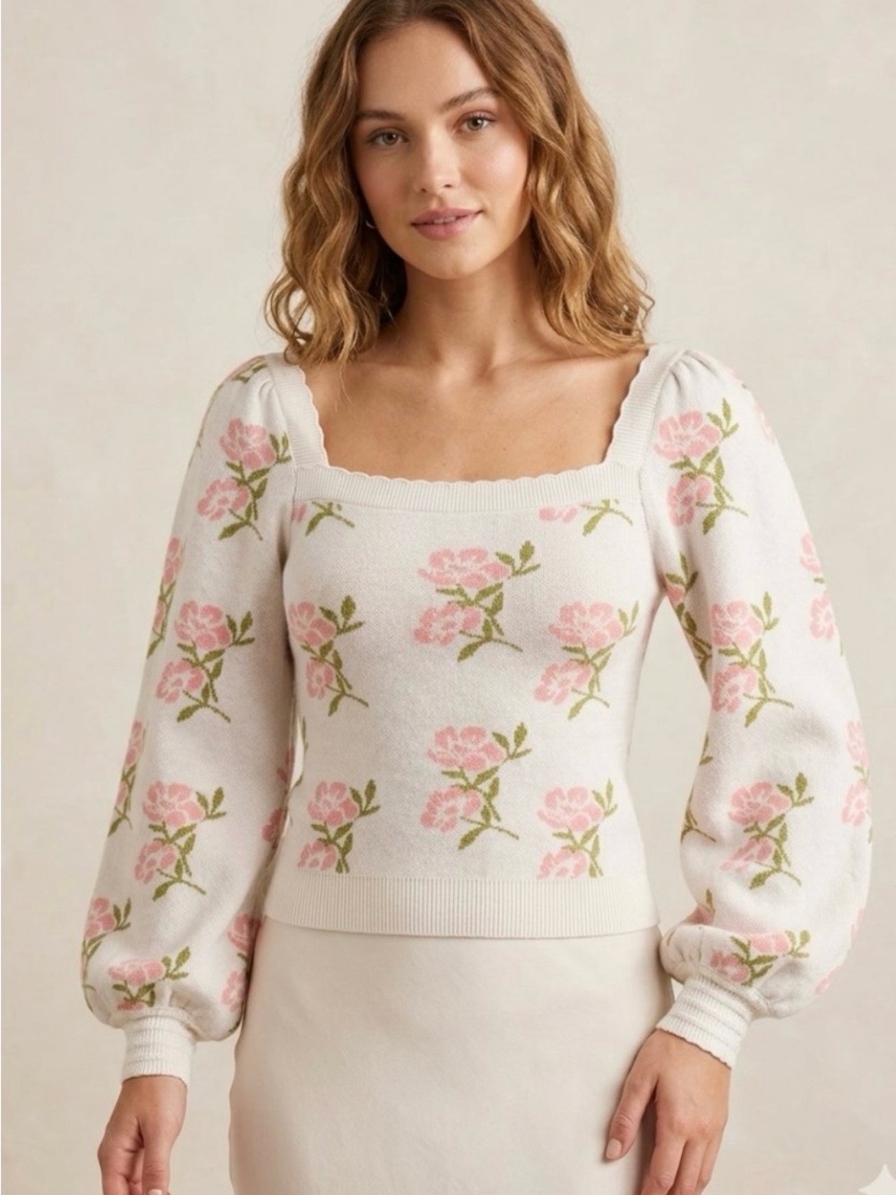 Wind & Willow Off-White Square Neck Long Puff Sleeve Floral Sweater size S